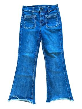 American Eagle Super High Rise Flare Jeans with Frayed Hem